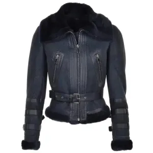 Women's Black Sheepskin Shearling Leather Bomber Jacket Stylish & Warm