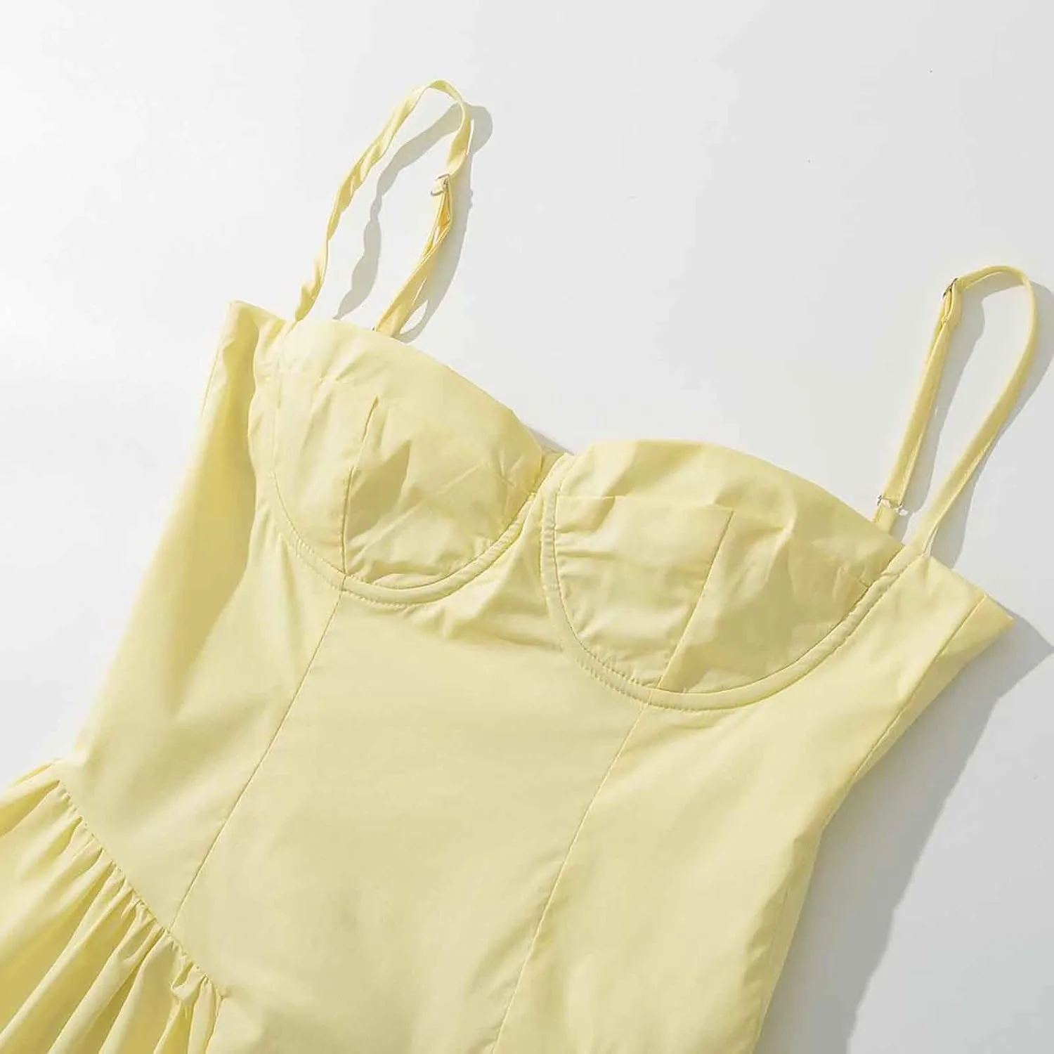 Women's Ruched Bust Corset Dress Flowy Milkmaid Dress Spaghetti Strap Bustier Midi Dress Low Cut Flowy Pleated Hem Dresses