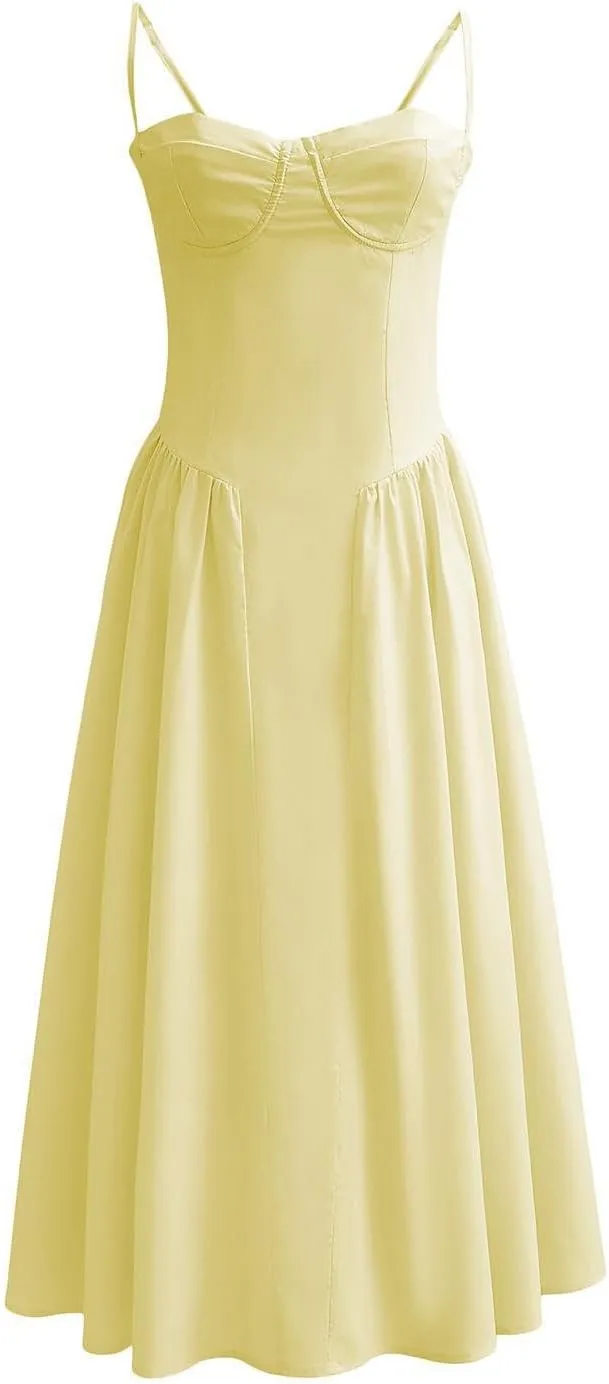 Women's Ruched Bust Corset Dress Flowy Milkmaid Dress Spaghetti Strap Bustier Midi Dress Low Cut Flowy Pleated Hem Dresses