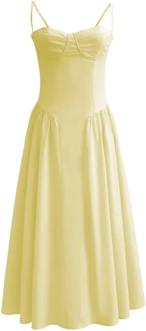 Women's Ruched Bust Corset Dress Flowy Milkmaid Dress Spaghetti Strap Bustier Midi Dress Low Cut Flowy Pleated Hem Dresses