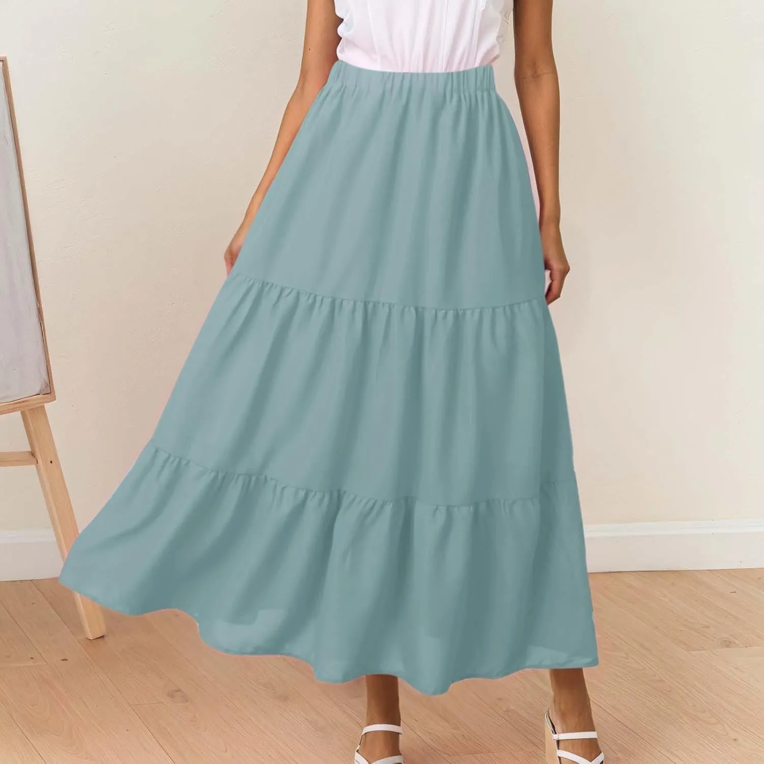 Womens Skirts Summer High Waisted Casual Elegant Maxi High Waisted Vacation A Line Flowy Long Skirts with Pockets