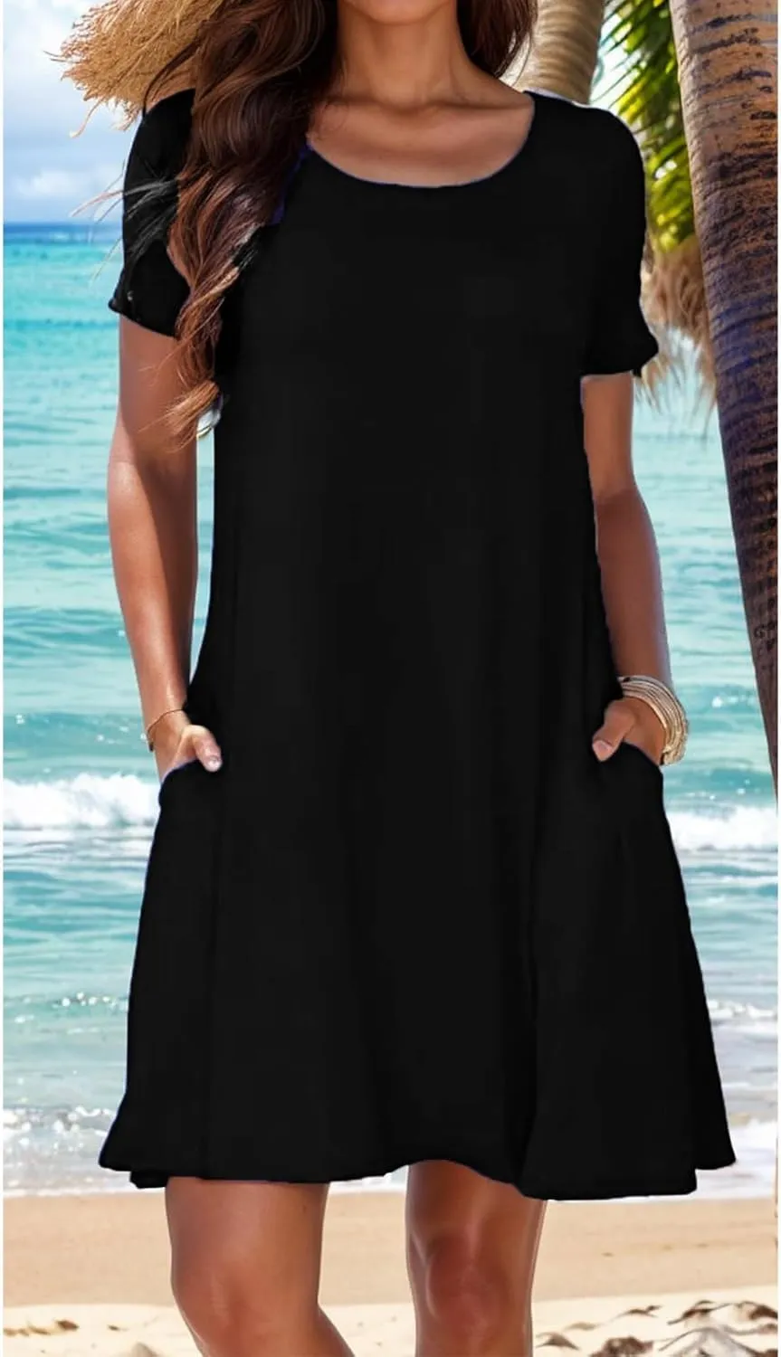 Women's Summer Casual T-Shirt Dress Beach Boho Swing Dresses Short Sleeve Loose Flowy Sundress with Pockets