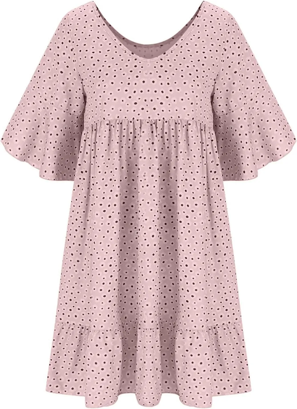 Womens Summer Dresses 2024 Casual Loose Crewneck Flowy Mini Dress Flowy Short Sleeve Empire Waist Ruffle Mini Dress