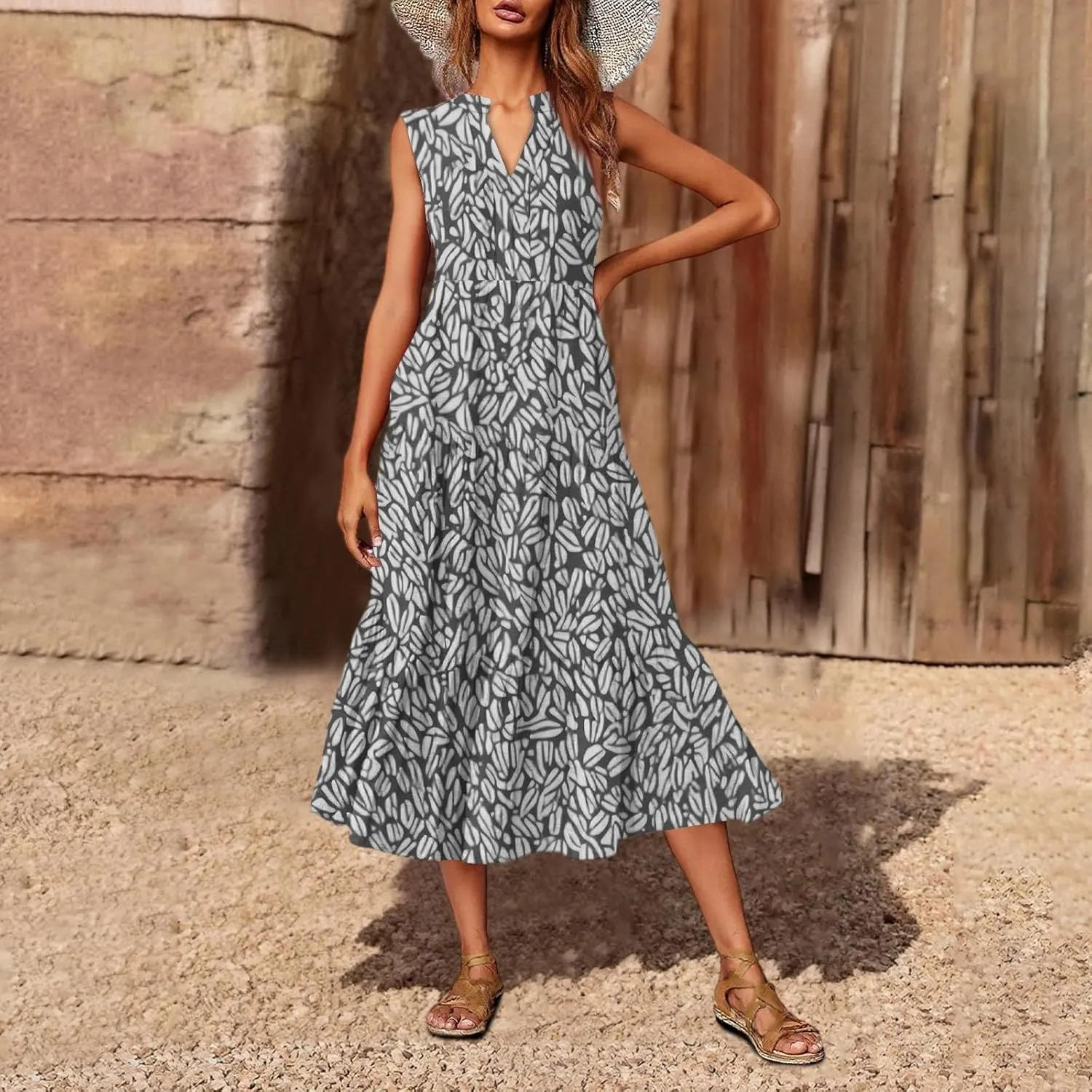 Women's Summer Dresses Sleeveless V Neck Beach Tshirt Sundress Boho Floral Printed Midi Tank Flowy Tiered Dresses