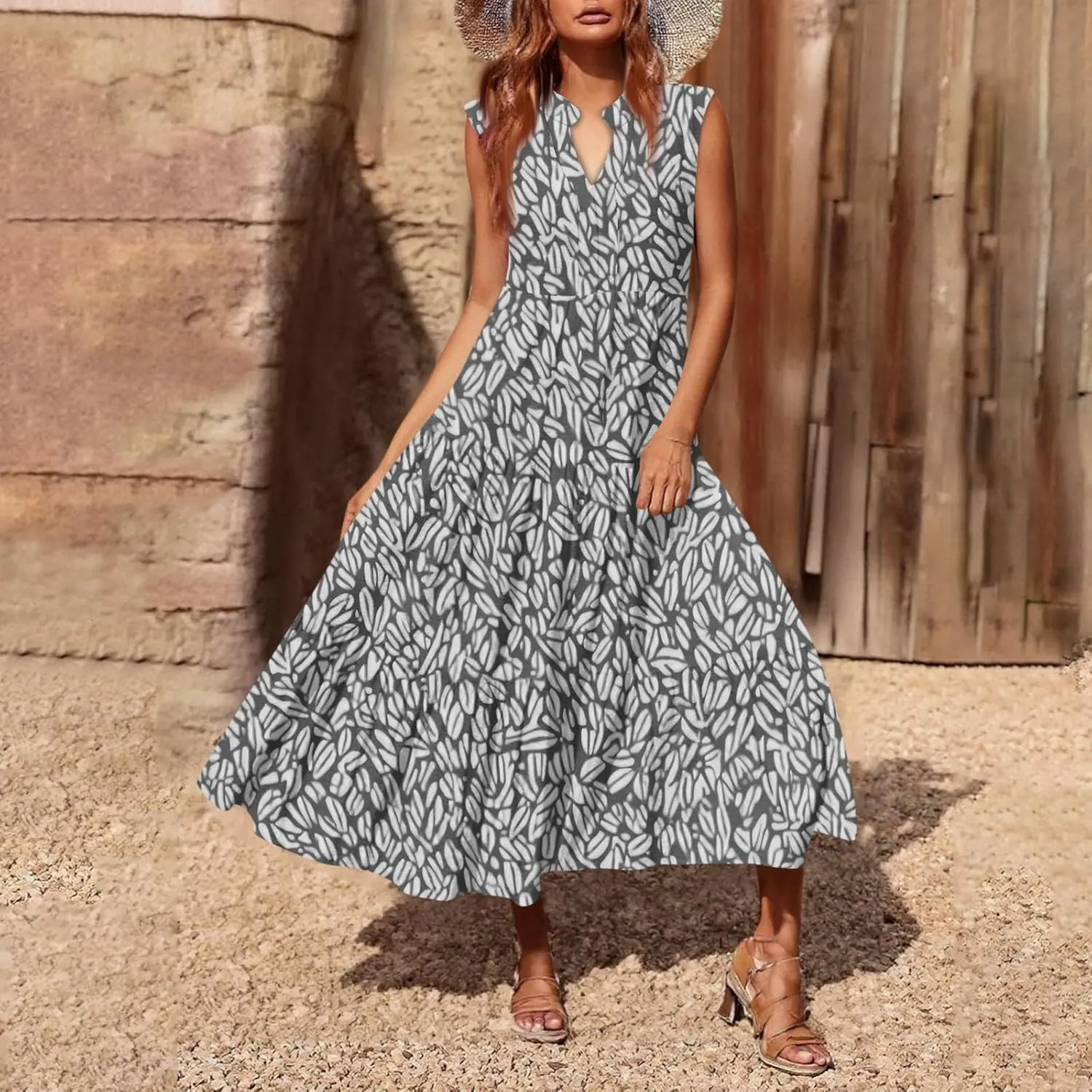 Women's Summer Dresses Sleeveless V Neck Beach Tshirt Sundress Boho Floral Printed Midi Tank Flowy Tiered Dresses