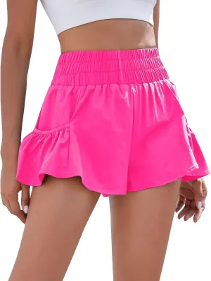Womens Track Shorts Elastic High Waisted Running Sports Sweat Shorts with Pockets Workout Athletic Lounge Flounce Short Pants